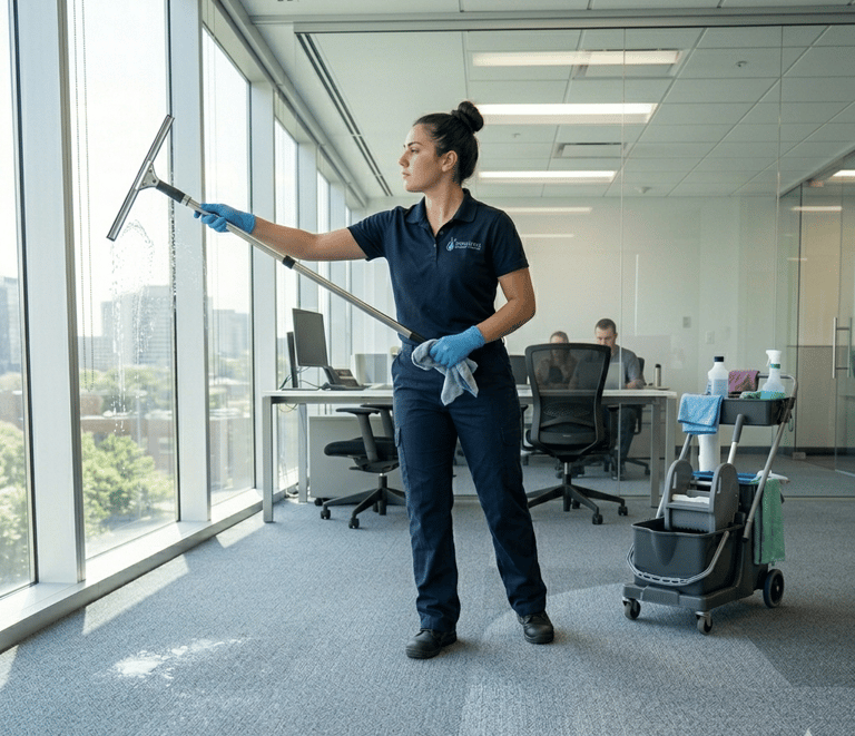 Professional female cleaner using a squeegee to wash office windows with a cleaning cart nearby.