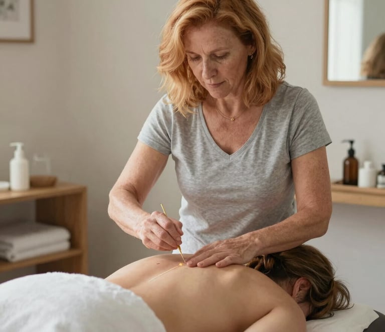 Professional practitioner applying a holistic acupuncture treatment to a patient's back in a wellness spa.