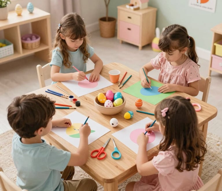 Children engaged in a colorful creative workshop with wooden toys and natural light.