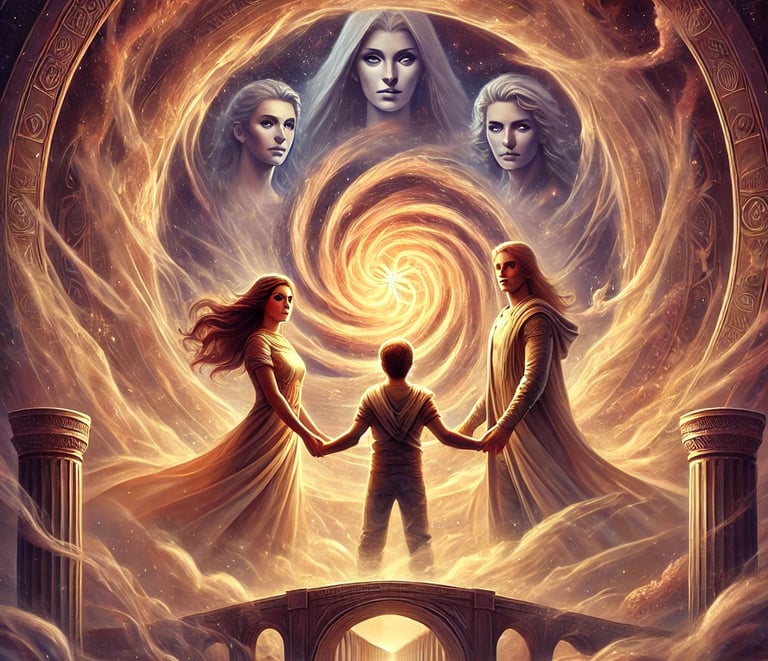 A Ethereal scene inside a vortex, featuring Dominic, Nova Talos, Xoto, Vortex Nexus standing united