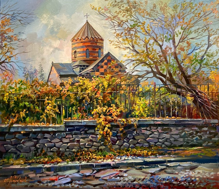 Armenian church painting by Meruzhan Khachatryan depicting historic religious architecture
