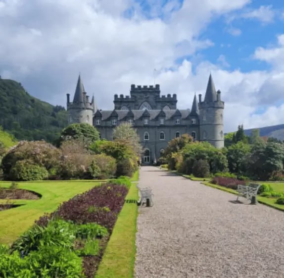 Inveraray Castle with walkway through garden