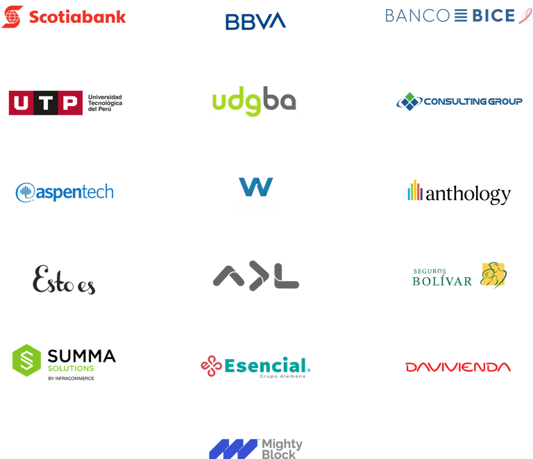 scotia bank, BBVA, Banco Bice, UTP, UDGBA, Consultingroup, aspentech, anthology y más