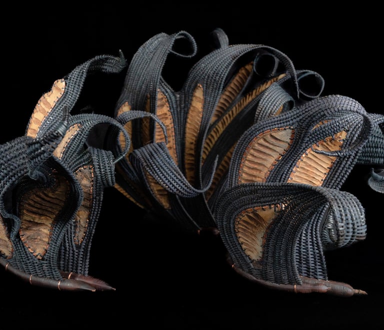 Crow Girl, 2025, cane, reed, framboyan pods, lluvia de oro pods, copper