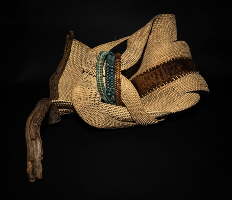 Glory, 2023, cane, reed, copper, driftwood, framboyan pod