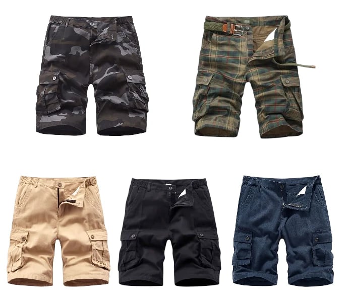 Collection of men's cargo shorts in camouflage, plaid, khaki, black, and navy blue styles.