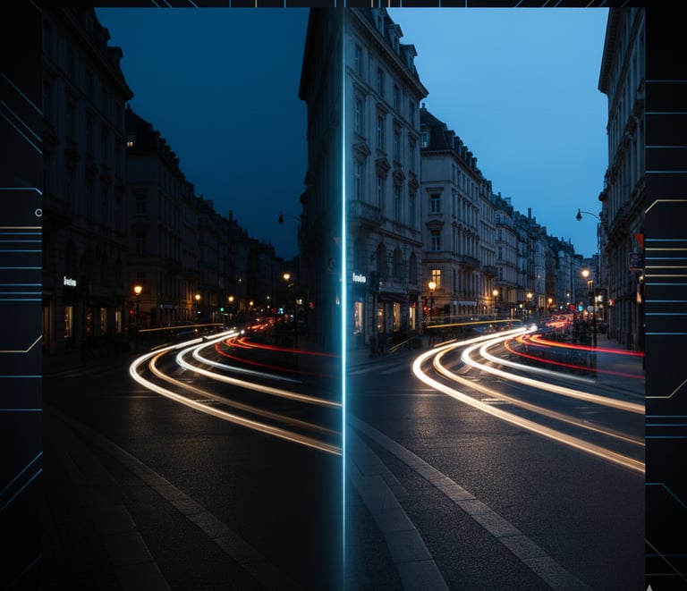 Uma cena de rua urbana com um poste de luz em primeiro plano.