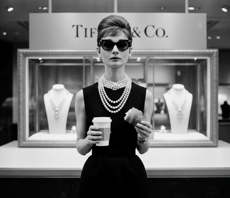 Mujer elegante con vestido negro y lentes cat-eye oversized frente a joyería, estilo Audrey Hepburn 