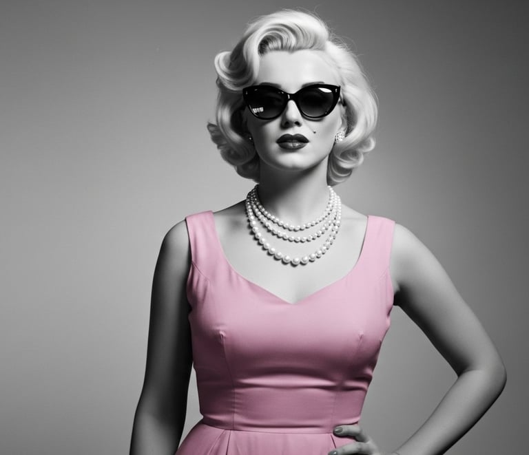 Mujer rubia estilo Marilyn Monroe con lentes cat-eye negros y vestido rosa, glamour Hollywood