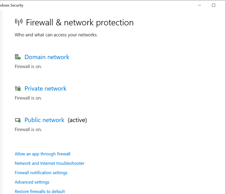 example windows firewall & network options panel