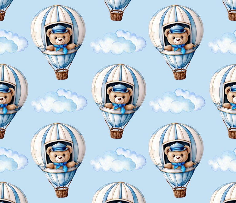 a teddy bear in a blue sky with clouds