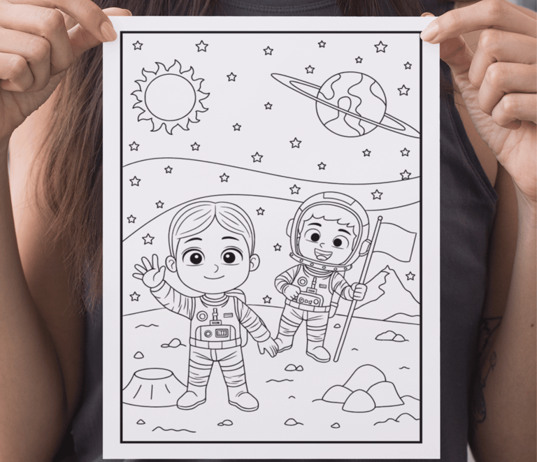 a woman holding a coloring book with a drawing of a cartoon character