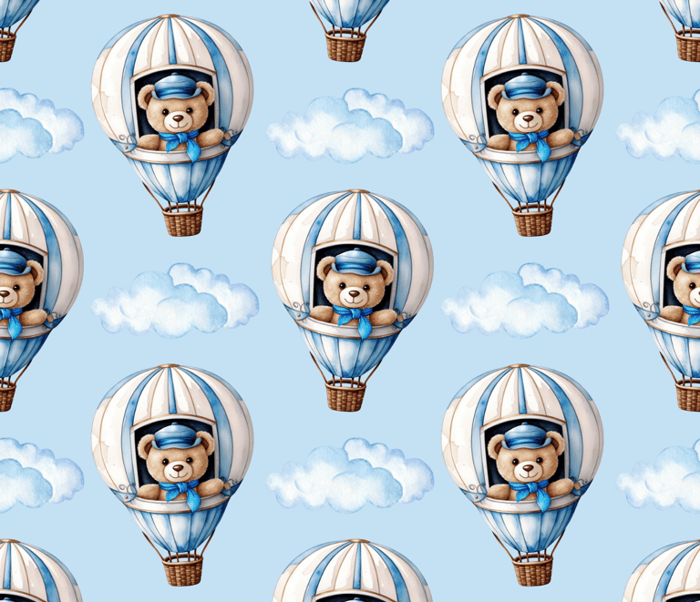 a teddy bear in a blue sky with clouds