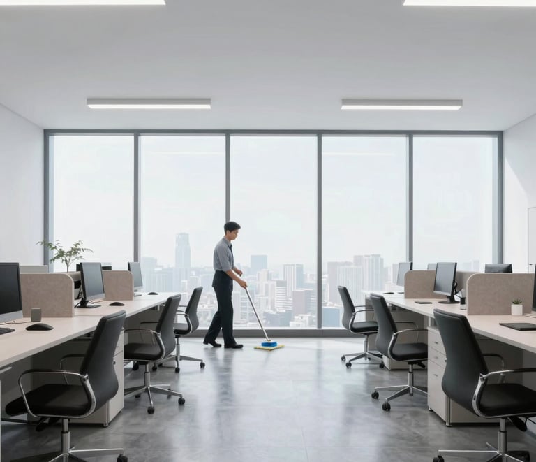 Professional cleaner in uniform wiping down a glass conference room table.