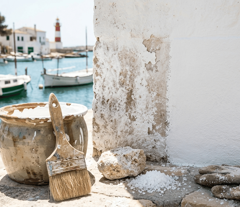 A paintbrush and pot of white lime wash paint sit on a Mediterranean harbor wall near boats.