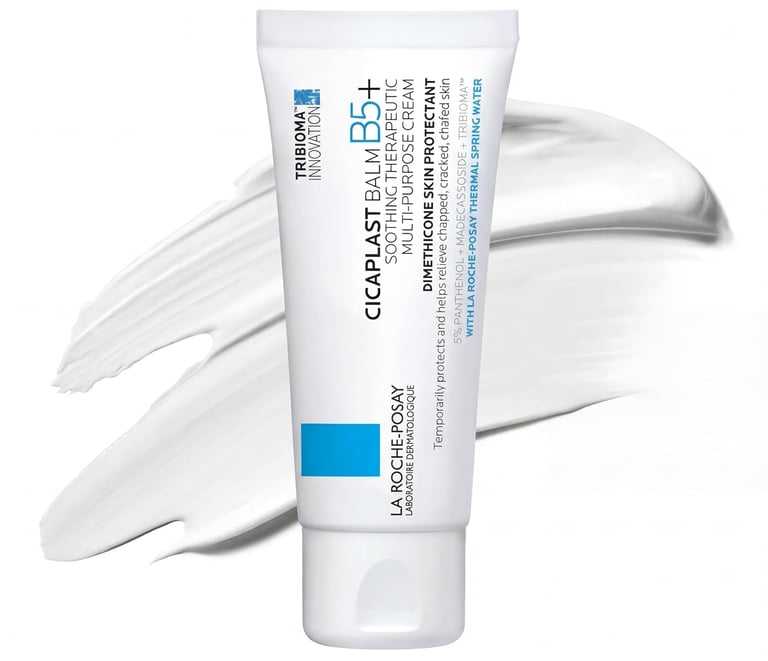 La Roche-Posay Cicaplast Baume B5 and Aquaphor Healing Ointment featured in a skincare recovery and