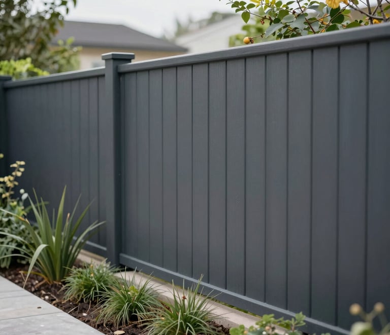 A modern, tidy garden with a newly installed wooden fence and well-maintained flower beds.