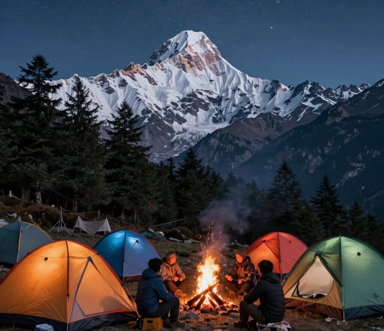 A group of hikers trekking along a scenic mountain trail under a clear blue sky.
