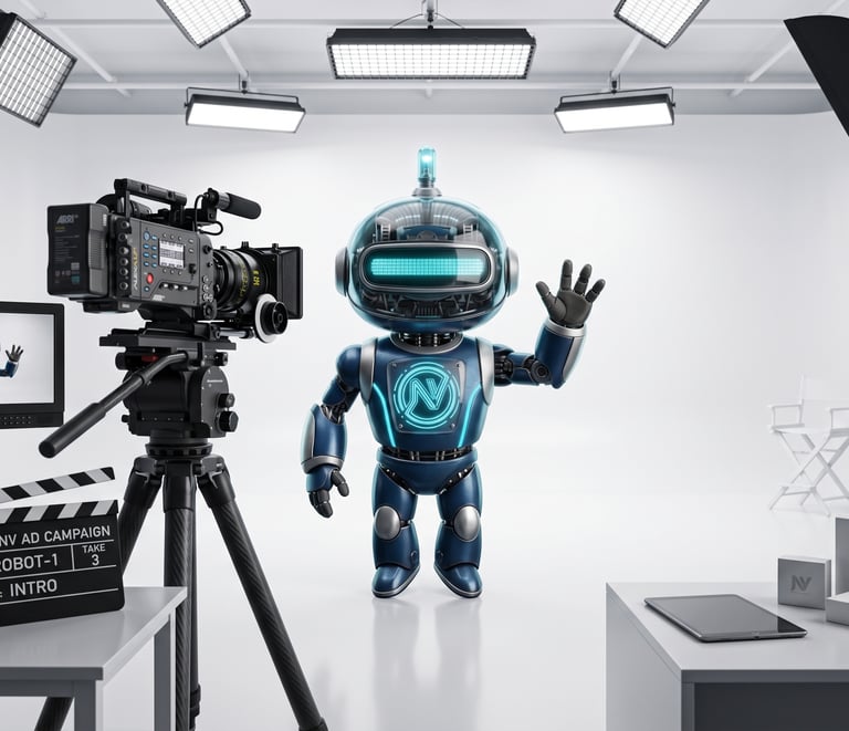 A cute blue robot waving at a professional cinema camera in a bright film studio with stage lighting.