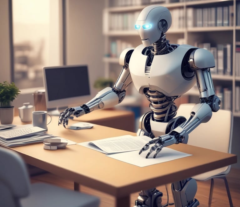 A white humanoid AI robot working at an office desk with paperwork and a computer monitor.
