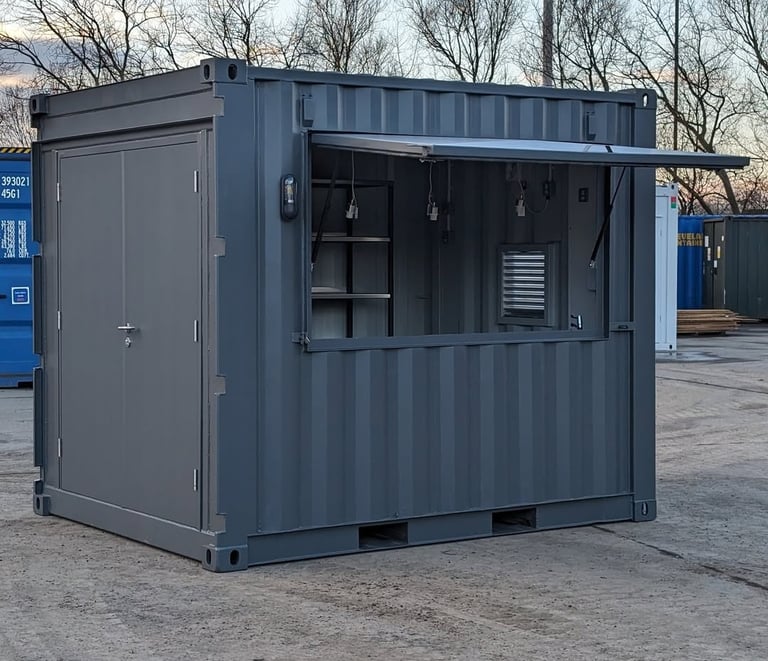 Custom grey shipping container kiosk with a large flip-up serving window for outdoor retail use.