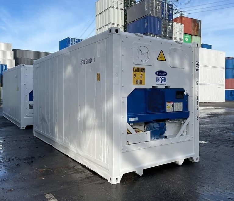 A white Carrier refrigerated shipping container for cold storage transport at a shipping port.