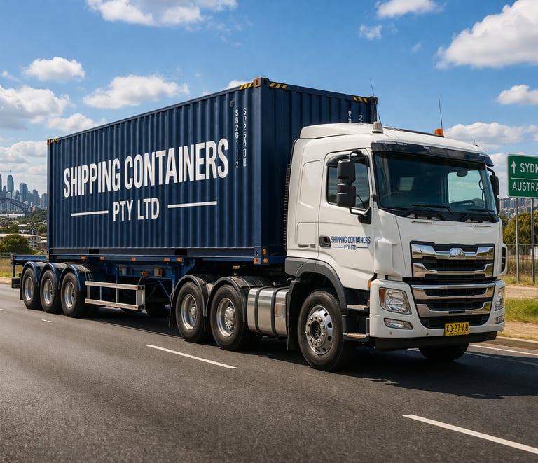 A logistics truck transporting a blue shipping container on a Sydney highway with the city skyline in the background.