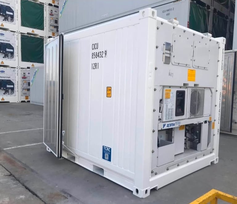 A white 10ft refrigerated shipping container for cold storage and temperature controlled transport.