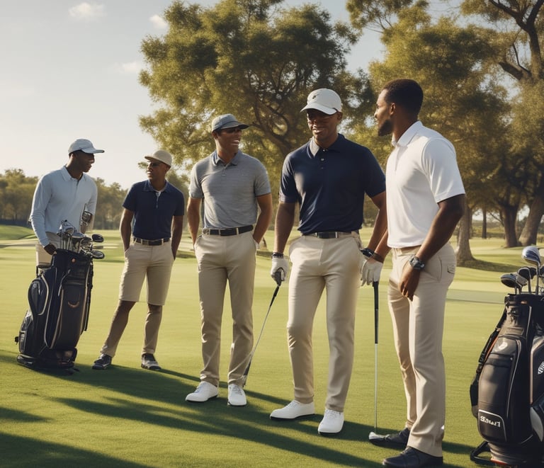 Young golfers practicing swings on a sunny golf course with a coach guiding them.