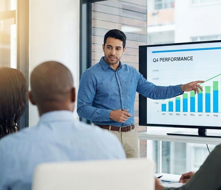 Business presentation showing performance metrics and growth discussion