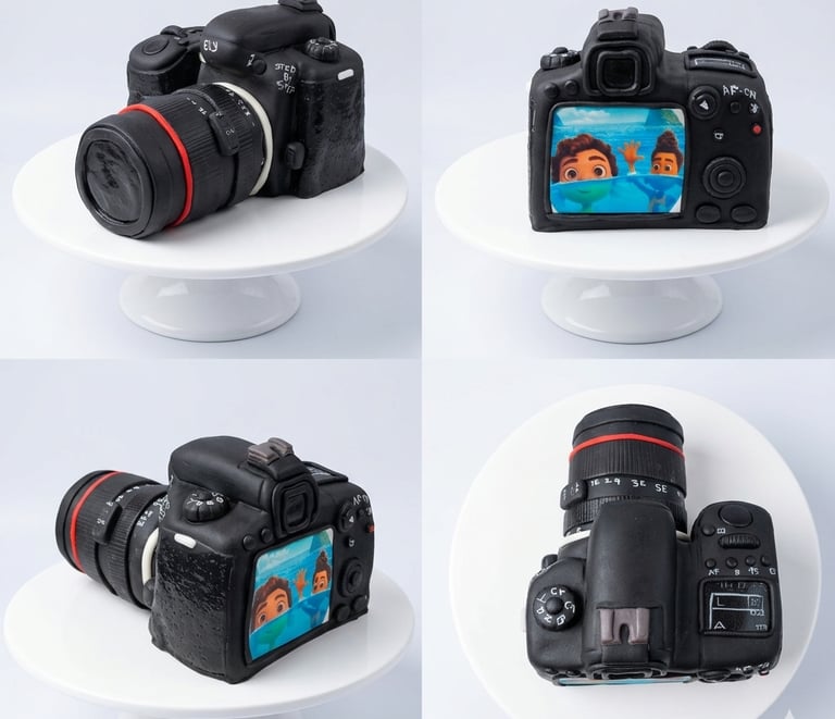 Torta 3D realista de cámara fotográfica creada por Cocina con Ely, elaborada artesanalmente en fonda
