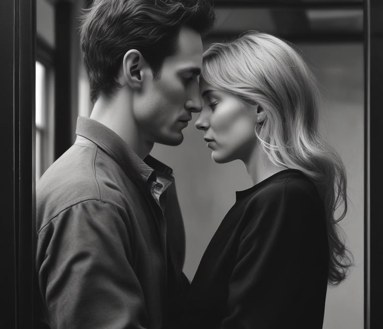 A couple in a warm, supportive therapy session in a cozy room.