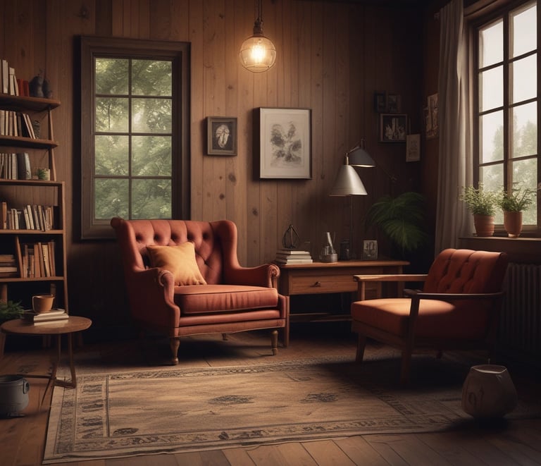 A serene therapy room with symbolic art and sand play materials.