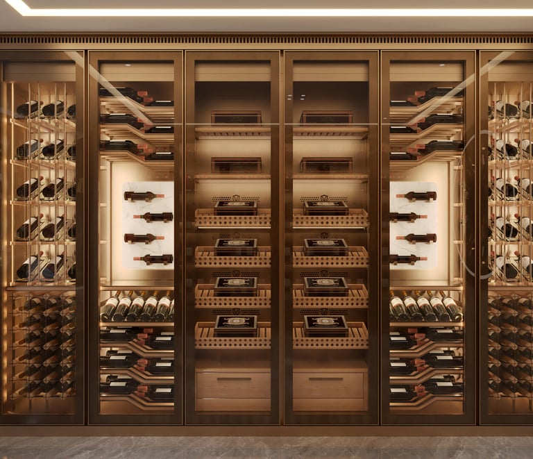A dark modern bar cabinet system with integrated wine display, ideal for contemporary interiors