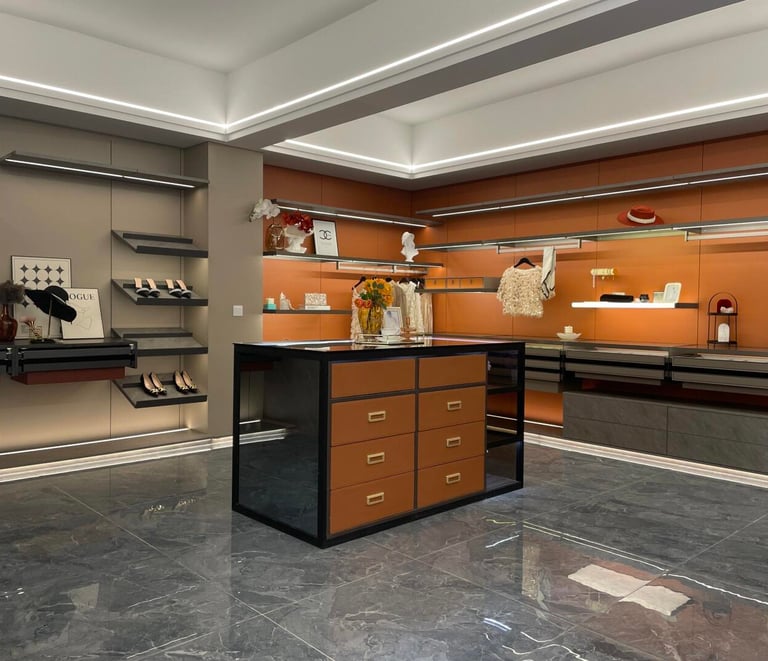 Rich wood-tone closet style with refined display and storage balance.