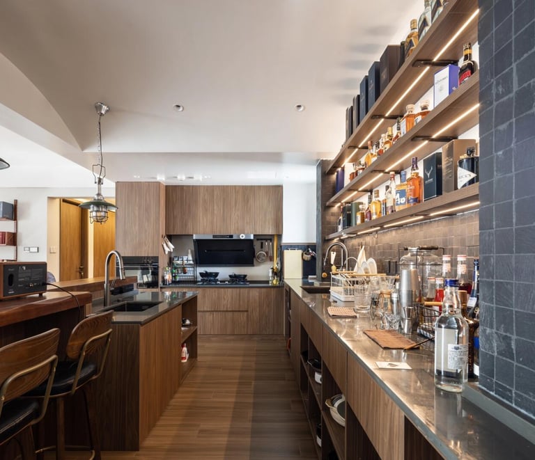 Warm wood-tone bar cabinetry for elegant residential interiors, suitable for villas, apartments