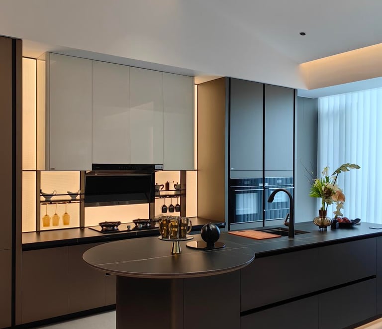 A dark modern kitchen solution with strong contrast and sleek lines