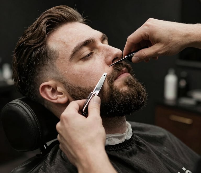 Barber shaping a client's beard carefully in a sleek, urban home environment.