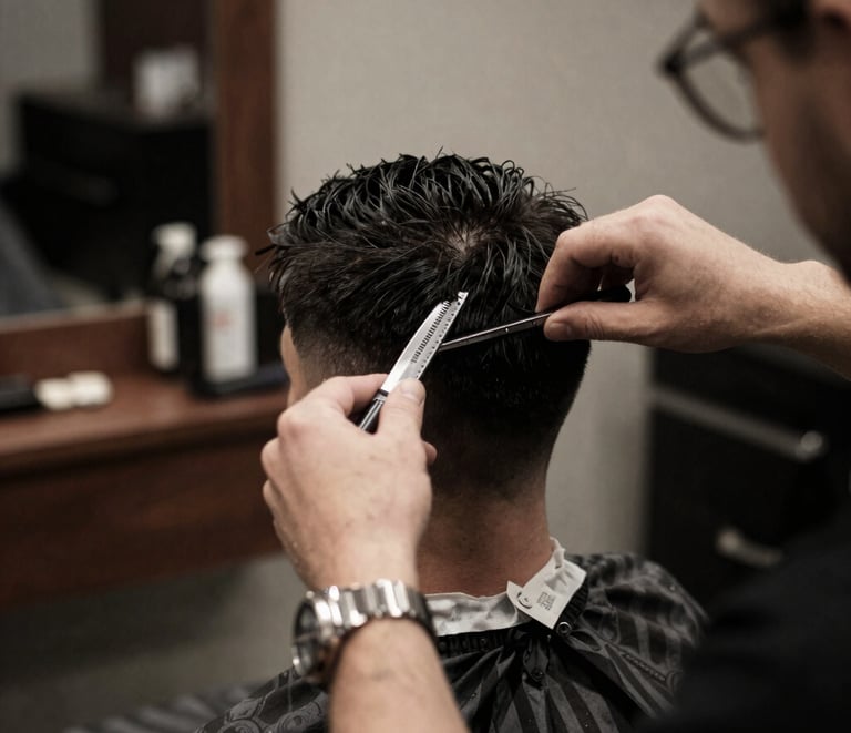A stylish barber cutting a man's hair in a cozy home setting with modern decor.