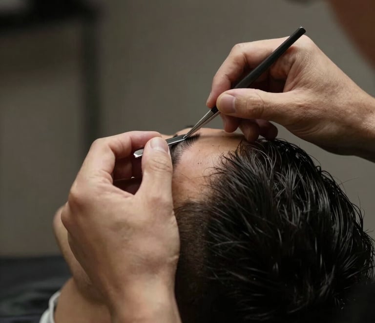 A stylish barber cutting a man's hair in a cozy home setting with modern decor.