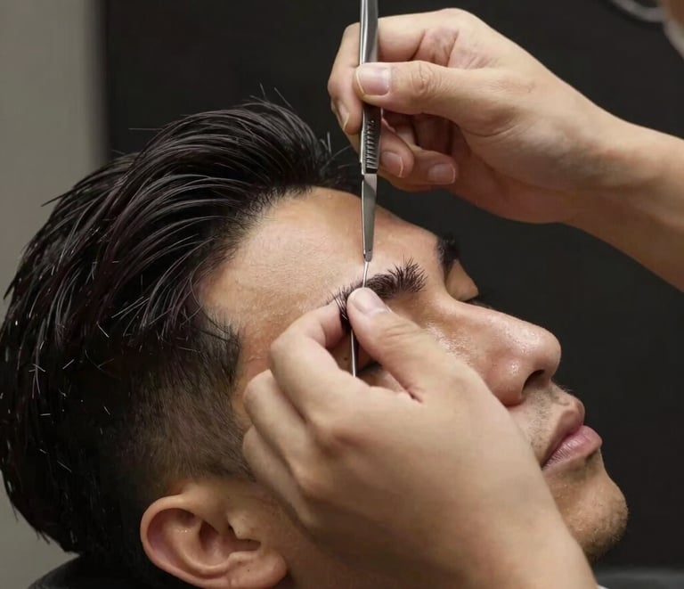 A stylish barber cutting a man's hair in a cozy home setting with modern decor.
