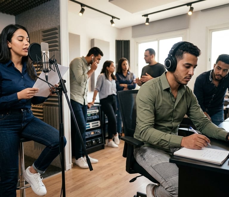 A group of professionals recording and producing music in a modern sound studio with high-quality audio equipment.