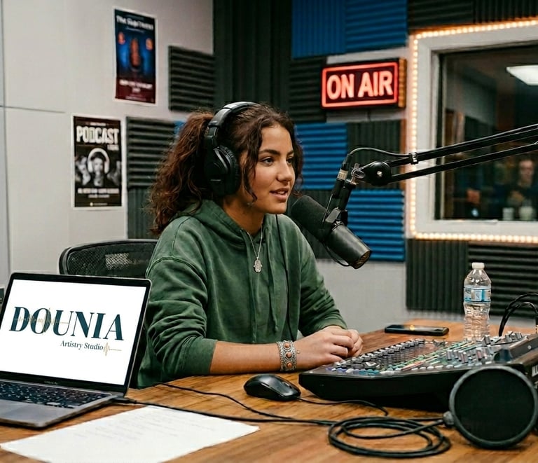 Young woman recording a podcast in a professional radio studio with a microphone, laptop, and mixer.
