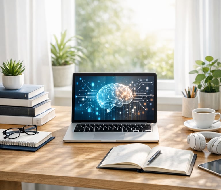 Laptop mit KI‑Visualisierung in Form eines digitalen Gehirns, umgeben von Arbeitsmaterialien auf ein