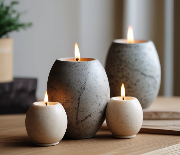 A collection of stone candle vessels arranged artfully.