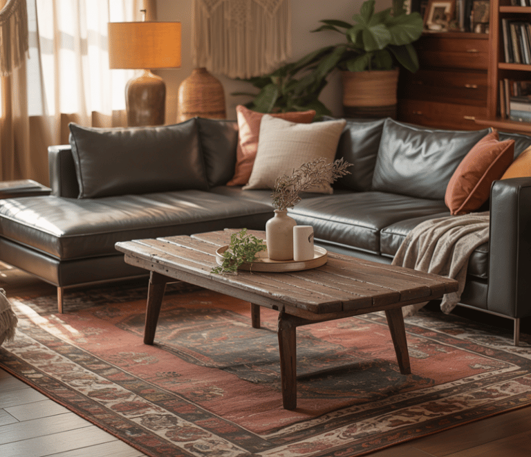 Bohemian living room with mixed wood tones, modern sofa paired with vintage table, furniture feels g