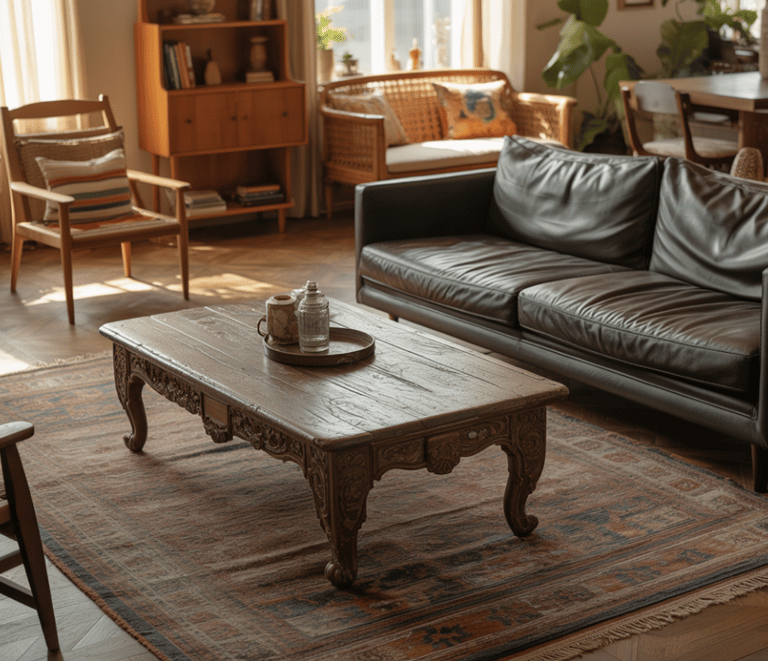 Bohemian living room with mixed wood tones, modern sofa paired with vintage table, furniture feels g