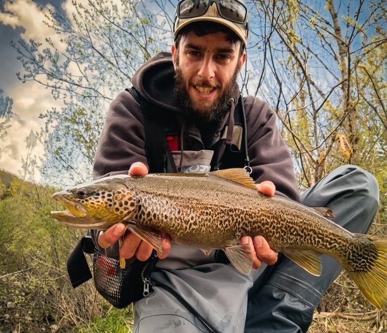 Pescador con trucha pescada en el río Órbigo en León