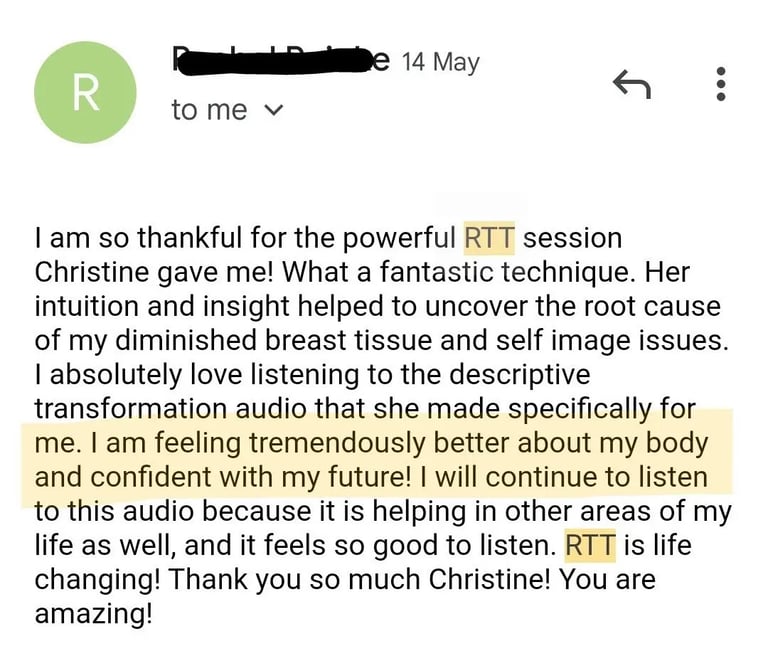 Client email testimonial describing feeling much better about her body & confident about the future
