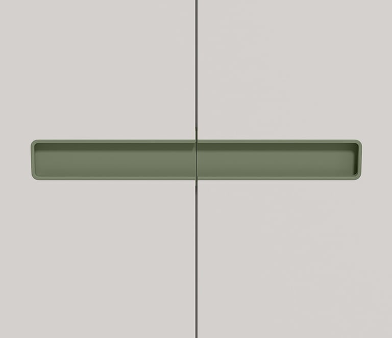 Minimalist half embedded cabinet handle on wooden cabinet doors, showcasing flush-mount design